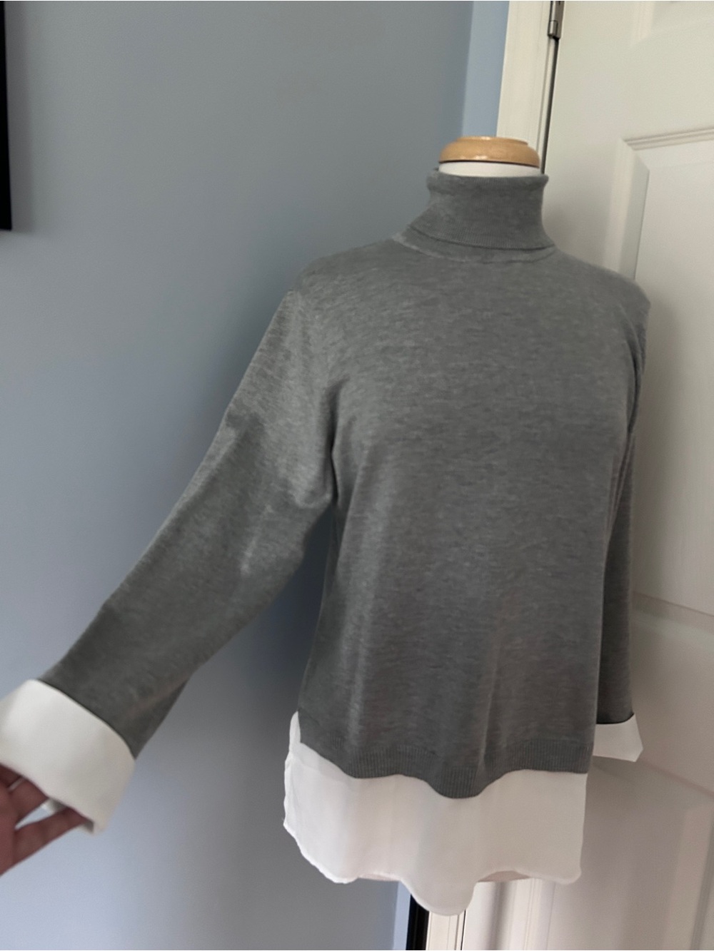 Adrianna Papell Gray Turtleneck Sweater with White Layered Hem